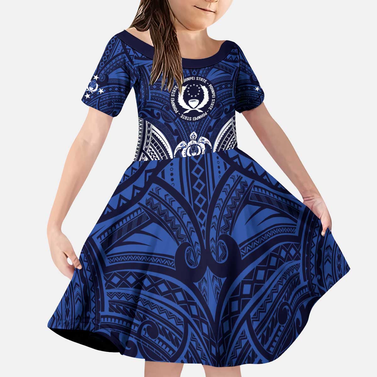 FSM Pohnpei States Kid Short Sleeve Dress Micronesia Six 9 One Polynesian Tribal Pattern LT9 KID Blue - Polynesian Pride