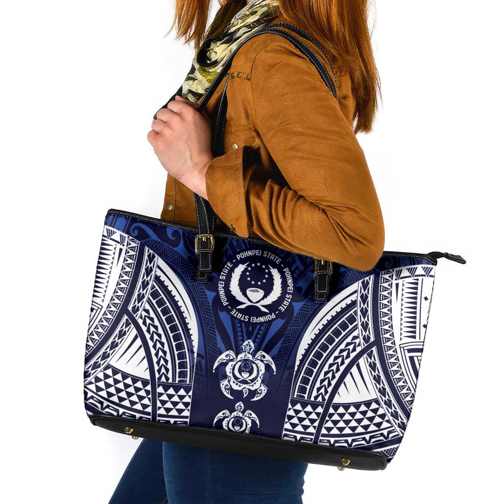 FSM Pohnpei States Leather Tote Bag Micronesia Six 9 One Polynesian Tribal Pattern LT9 Blue - Polynesian Pride