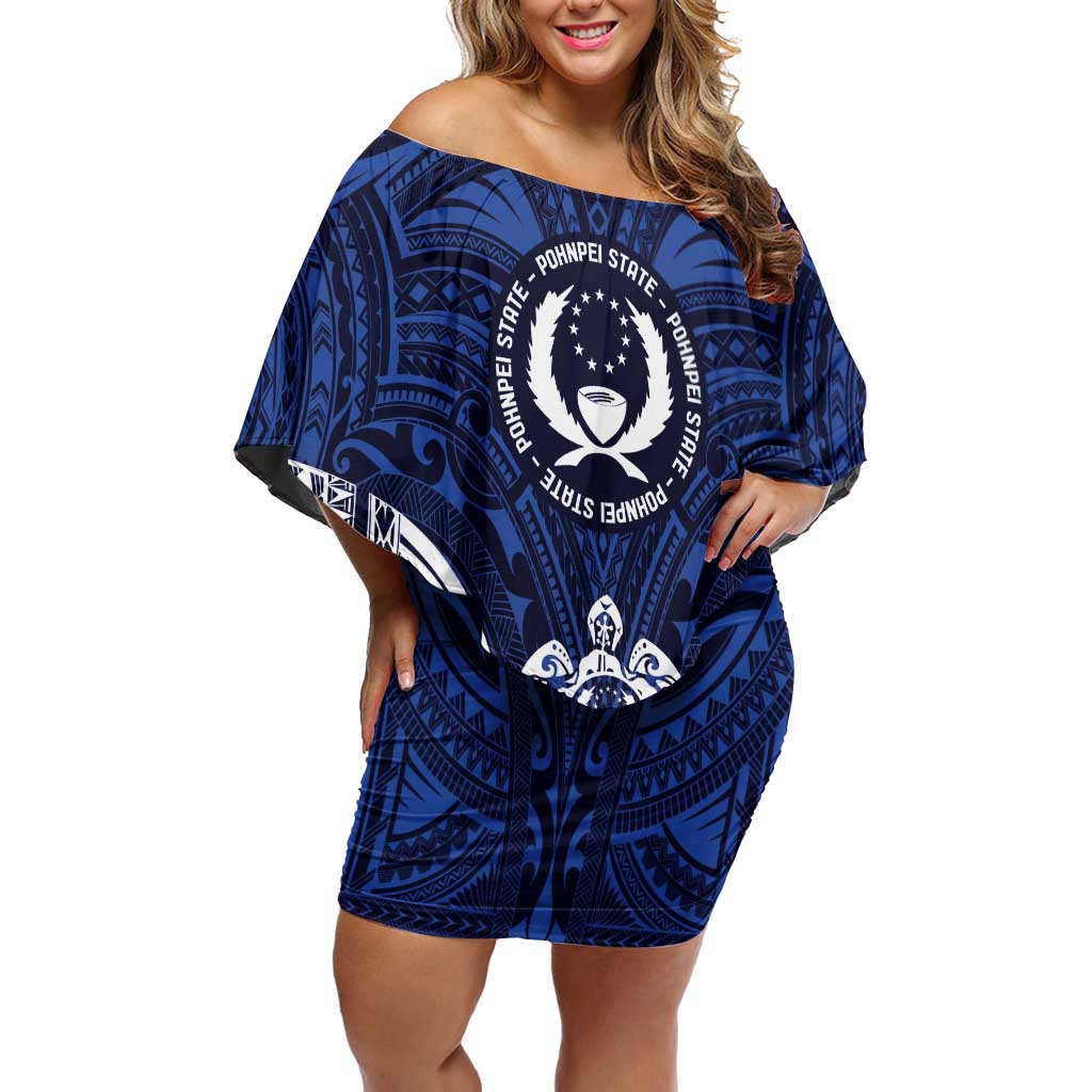FSM Pohnpei States Off Shoulder Short Dress Micronesia Six 9 One Polynesian Tribal Pattern LT9 Women Blue - Polynesian Pride