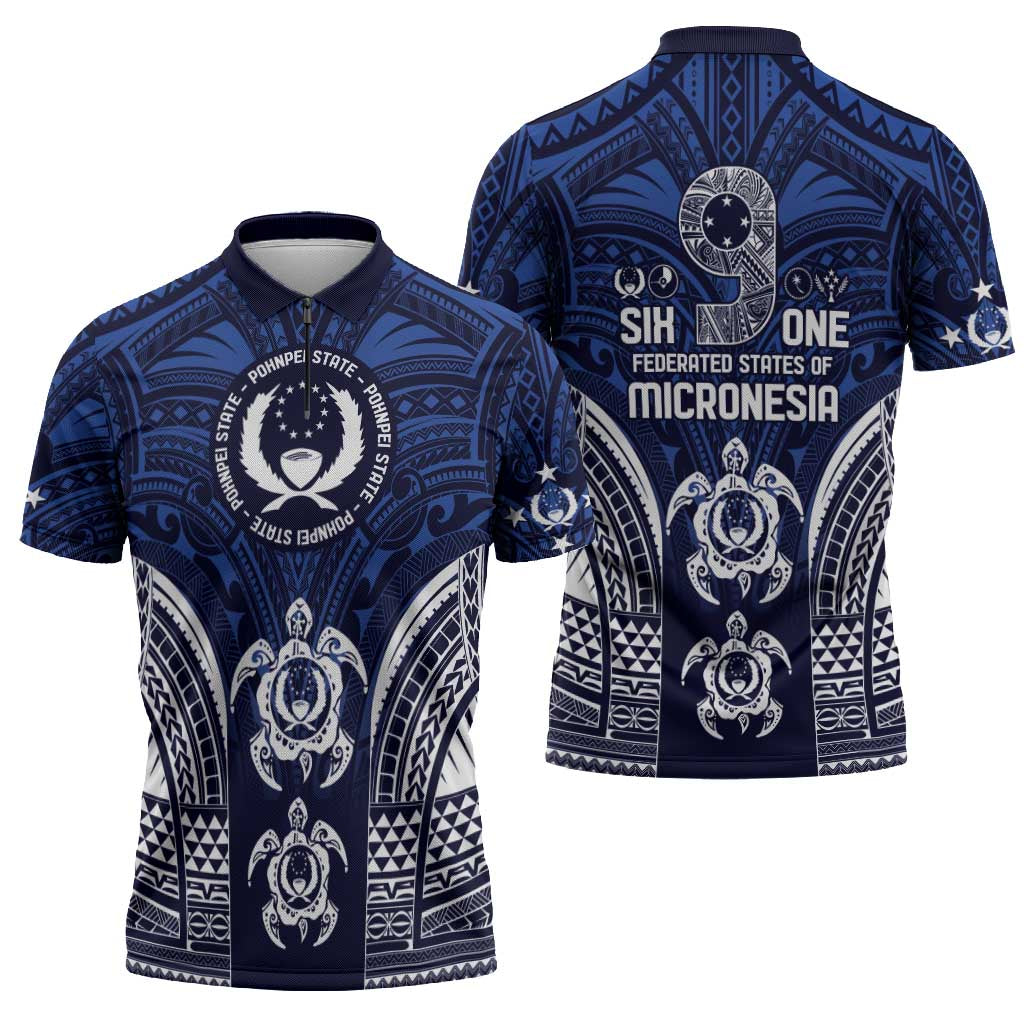 FSM Pohnpei States Zipper Polo Shirt Micronesia Six 9 One Polynesian Tribal Pattern LT9 - Polynesian Pride