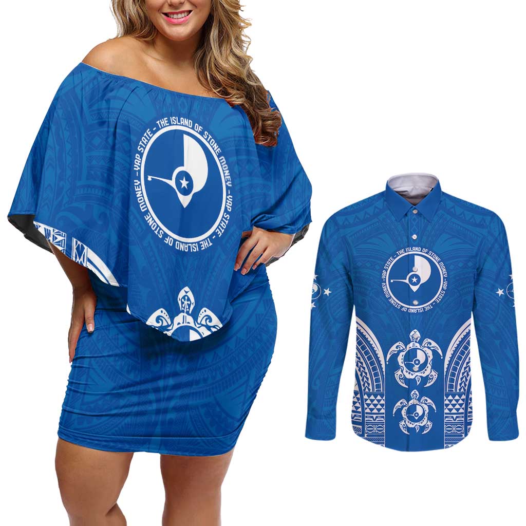 FSM Yap States Couples Matching Off Shoulder Short Dress and Long Sleeve Button Shirt Micronesia Six 9 One Polynesian Tribal Pattern LT9 Blue - Polynesian Pride