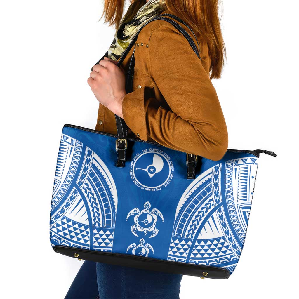 FSM Yap States Leather Tote Bag Micronesia Six 9 One Polynesian Tribal Pattern LT9 Blue - Polynesian Pride