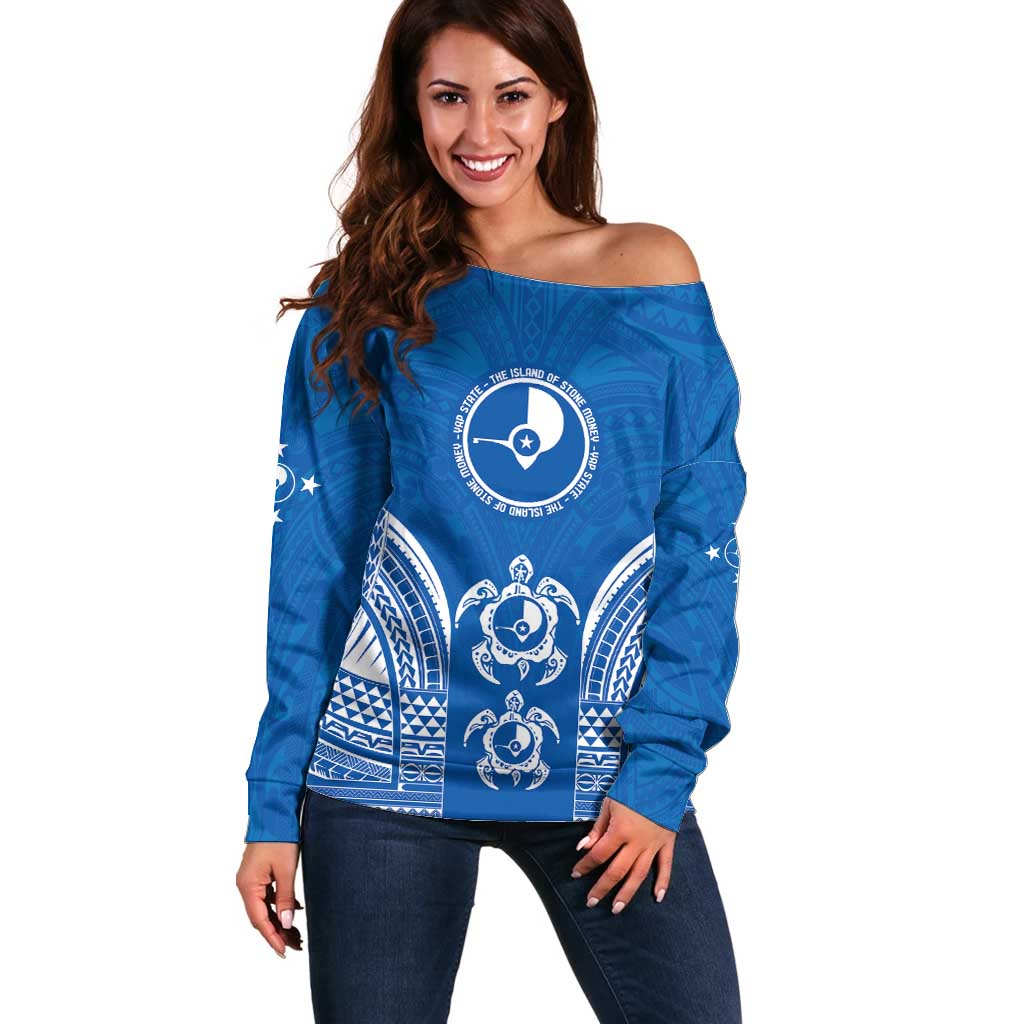FSM Yap States Off Shoulder Sweater Micronesia Six 9 One Polynesian Tribal Pattern LT9 Women Blue - Polynesian Pride