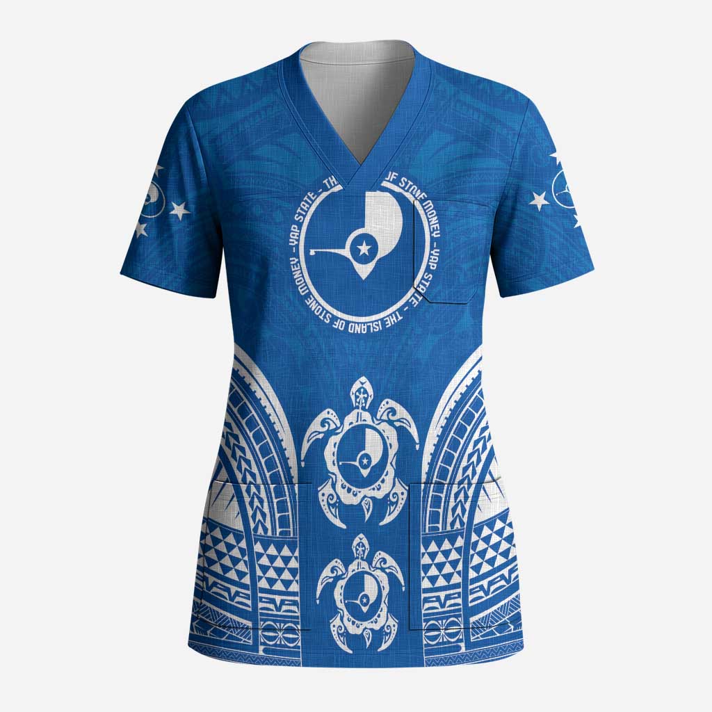FSM Yap States Scrub Top Micronesia Six 9 One Polynesian Tribal Pattern LT9 Adult Blue - Polynesian Pride