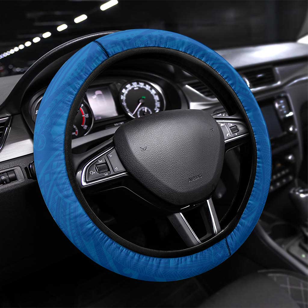 FSM Yap States Steering Wheel Cover Micronesia Six 9 One Polynesian Tribal Pattern LT9 Universal Fit Blue - Polynesian Pride