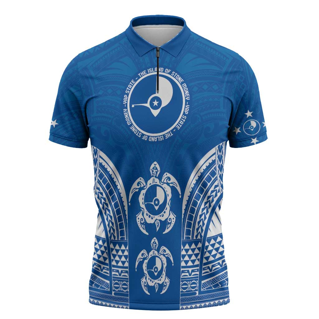 FSM Yap States Zipper Polo Shirt Micronesia Six 9 One Polynesian Tribal Pattern LT9 Blue - Polynesian Pride