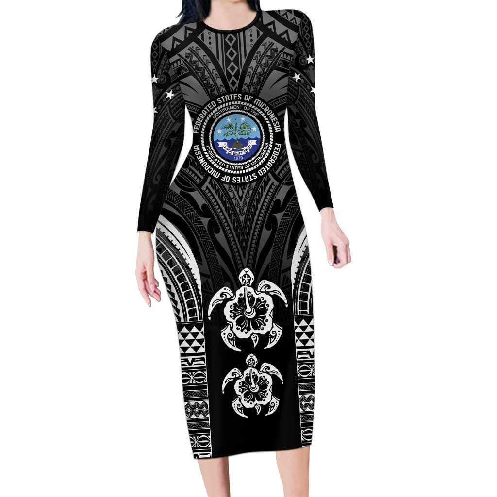 FSM Micronesia Six 9 One Long Sleeve Bodycon Dress Polynesian Tribal Pattern LT9 Long Dress Black - Polynesian Pride