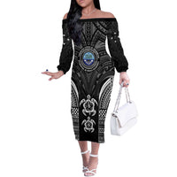 FSM Micronesia Six 9 One Off The Shoulder Long Sleeve Dress Polynesian Tribal Pattern LT9 Women Black - Polynesian Pride