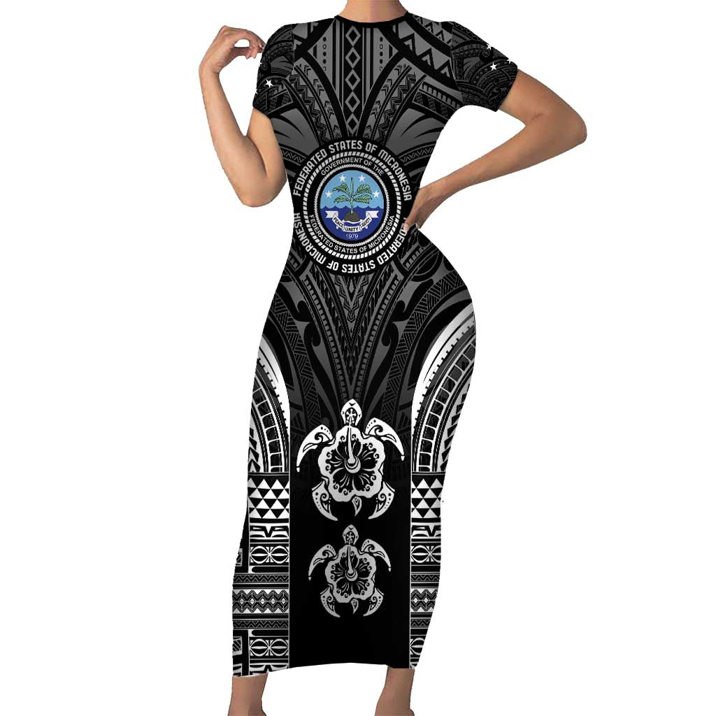 FSM Micronesia Six 9 One Short Sleeve Bodycon Dress Polynesian Tribal Pattern LT9 Long Dress Black - Polynesian Pride