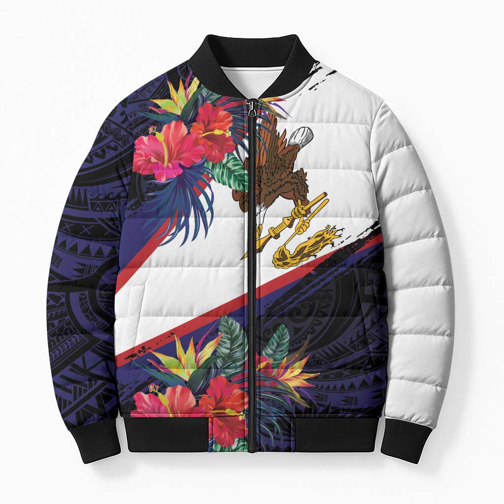 American Samoa Flag Day Since 1900 Bomber Puffer Jacket Samoa Muamua Le Atua Tropical Flowers LT9 Unisex Blue - Polynesian Pride