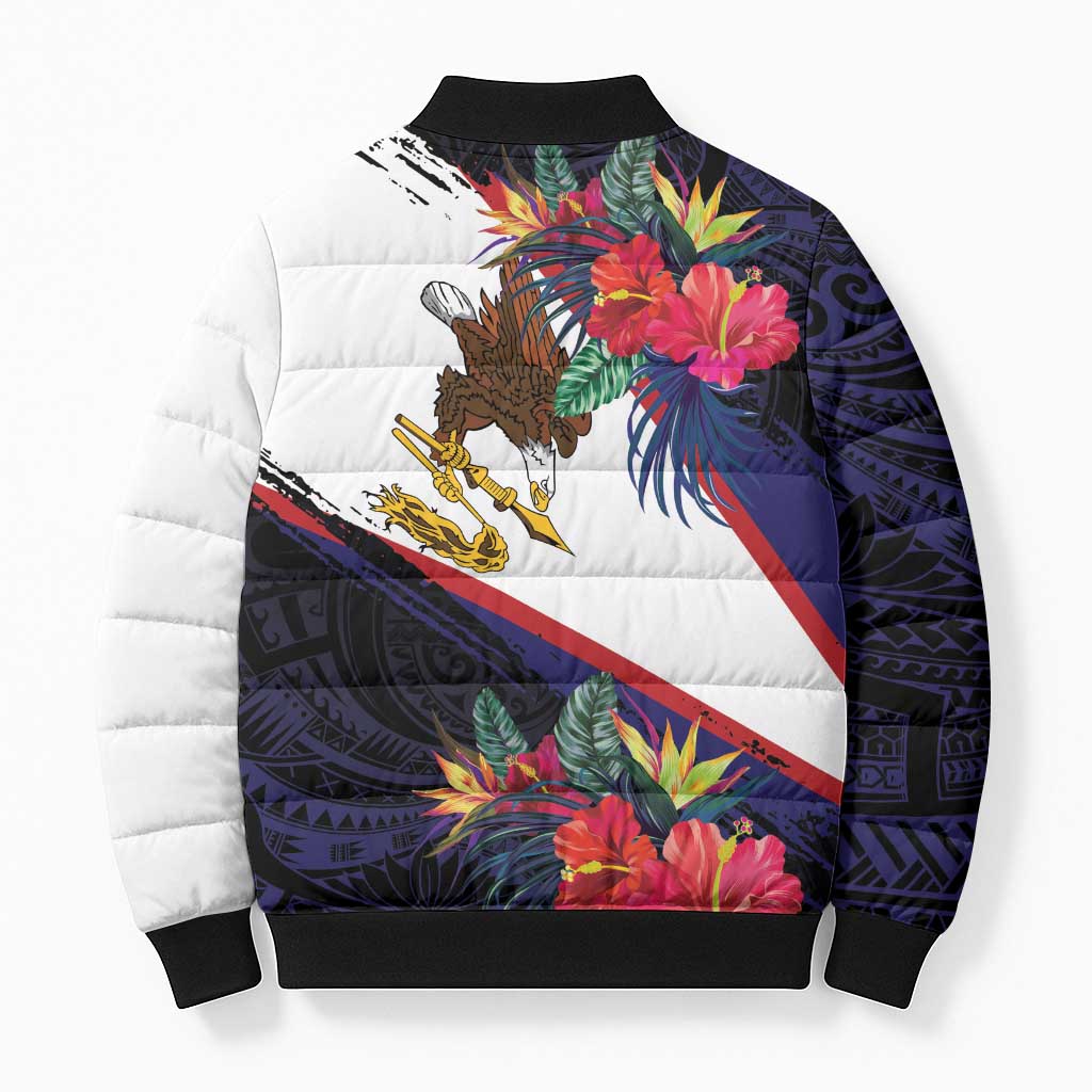 American Samoa Flag Day Since 1900 Bomber Puffer Jacket Samoa Muamua Le Atua Tropical Flowers LT9 - Polynesian Pride