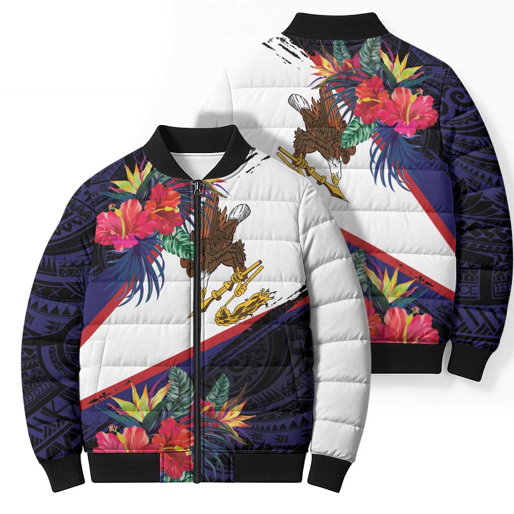 American Samoa Flag Day Since 1900 Bomber Puffer Jacket Samoa Muamua Le Atua Tropical Flowers LT9 - Polynesian Pride