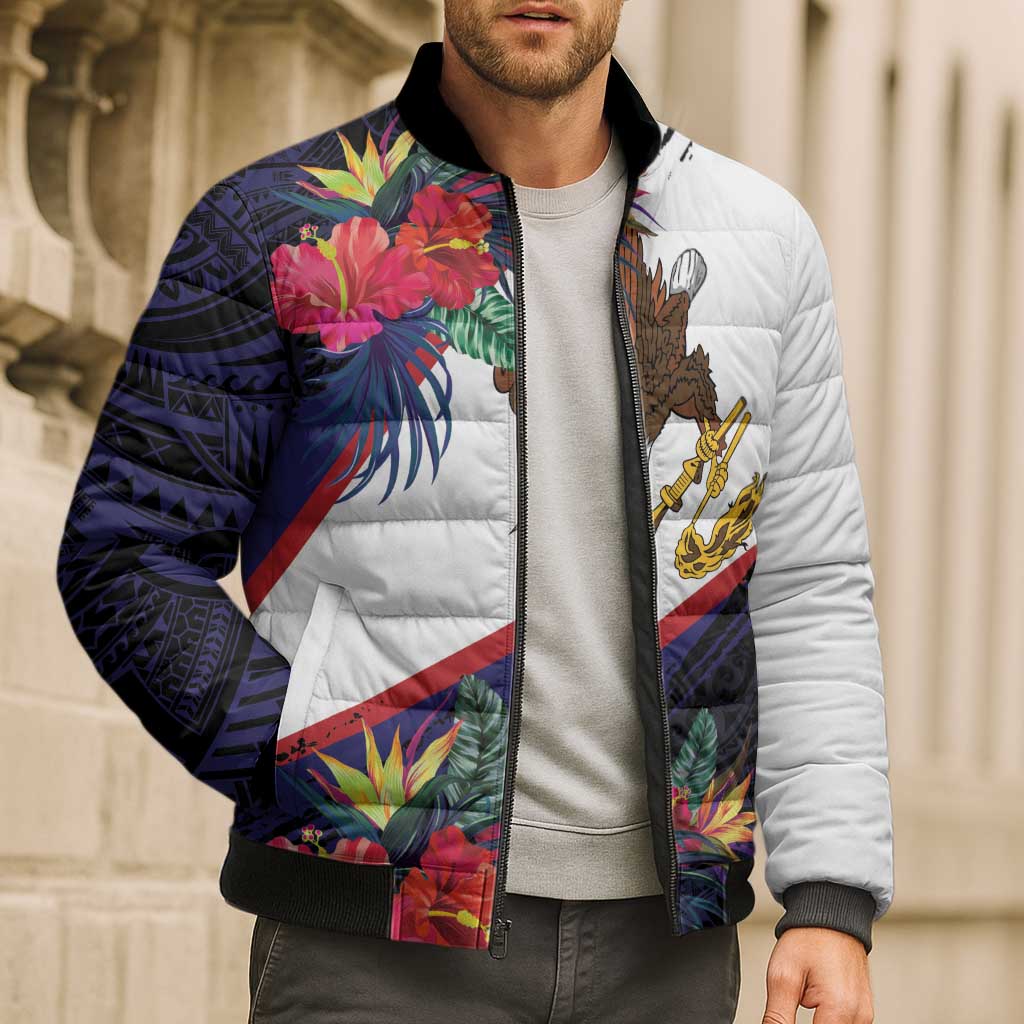 American Samoa Flag Day Since 1900 Bomber Puffer Jacket Samoa Muamua Le Atua Tropical Flowers LT9 - Polynesian Pride