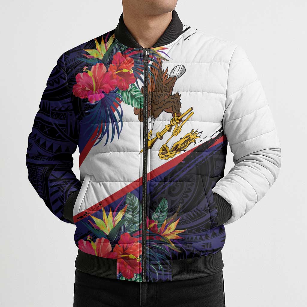 American Samoa Flag Day Since 1900 Bomber Puffer Jacket Samoa Muamua Le Atua Tropical Flowers LT9 - Polynesian Pride