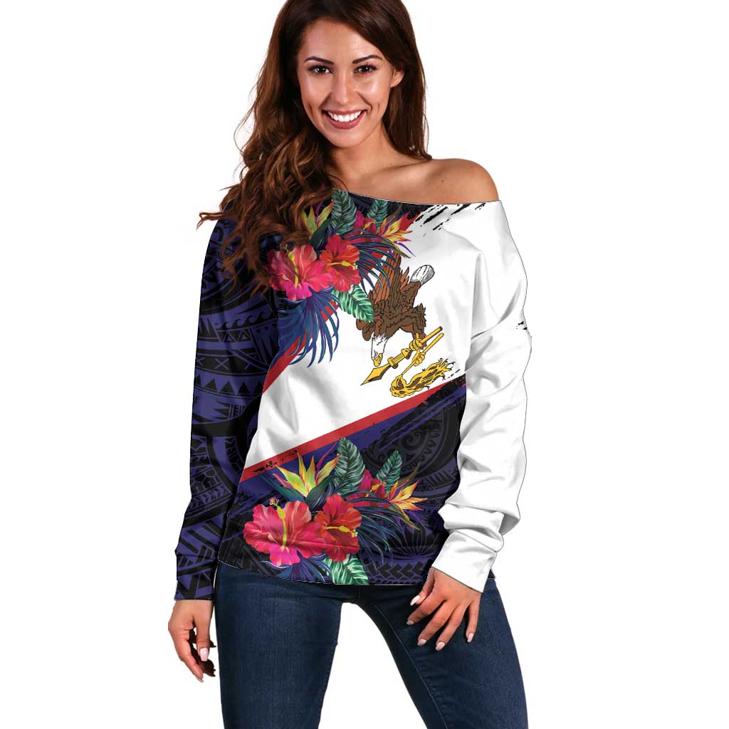 American Samoa Flag Day Since 1900 Off Shoulder Sweater Samoa Muamua Le Atua Tropical Flowers LT9 Women Blue - Polynesian Pride