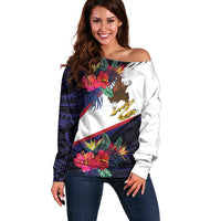American Samoa Flag Day Since 1900 Off Shoulder Sweater Samoa Muamua Le Atua Tropical Flowers LT9 Women Blue - Polynesian Pride