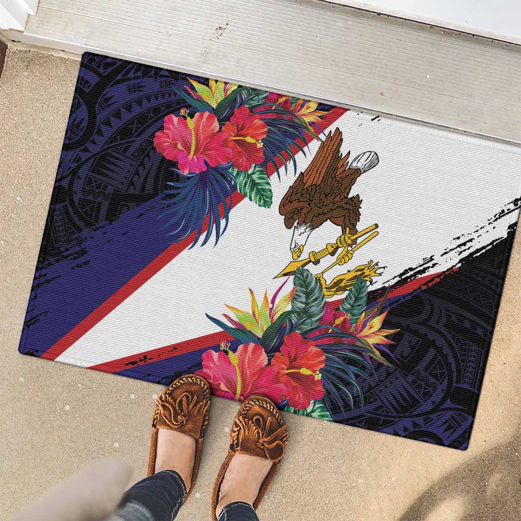 American Samoa Flag Day Since 1900 Rubber Doormat Samoa Muamua Le Atua Tropical Flowers LT9 - Polynesian Pride