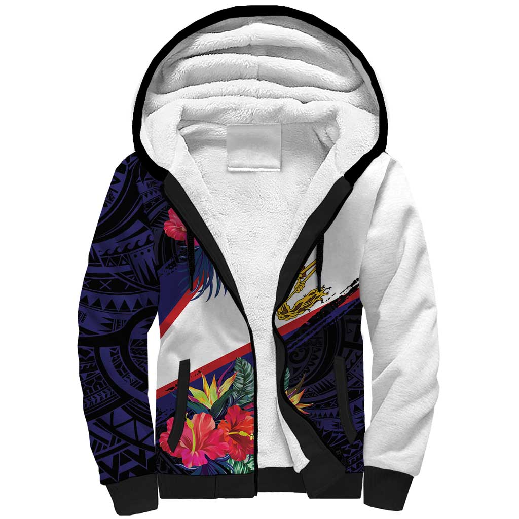 American Samoa Flag Day Since 1900 Sherpa Hoodie Samoa Muamua Le Atua Tropical Flowers LT9 Unisex Blue - Polynesian Pride