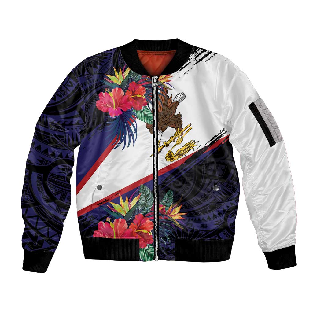 American Samoa Flag Day Since 1900 Sleeve Zip Bomber Jacket Samoa Muamua Le Atua Tropical Flowers LT9 Unisex Blue - Polynesian Pride