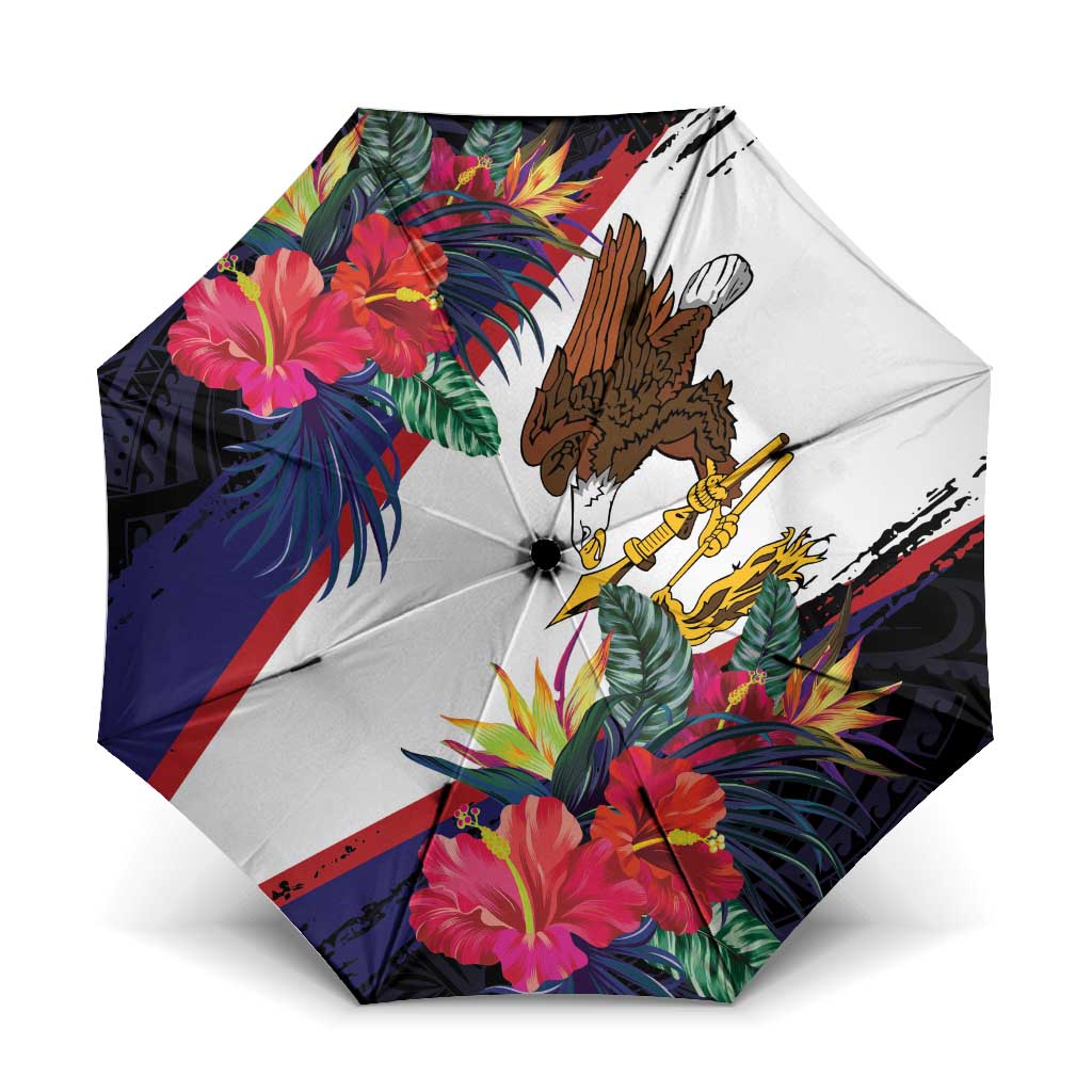 American Samoa Flag Day Since 1900 Umbrella Samoa Muamua Le Atua Tropical Flowers LT9 One Size Folded 11.42 inch Opened Diameter 37.4 inch Blue - Polynesian Pride