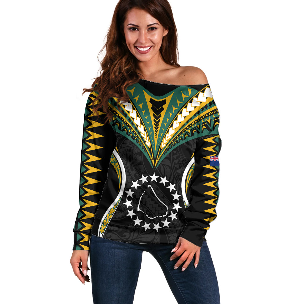 (Personalised) Polynesian Pride Manihiki Island Off Shoulder Sweater Cook Islands Tribal Wave Style LT9 Women Black - Polynesian Pride