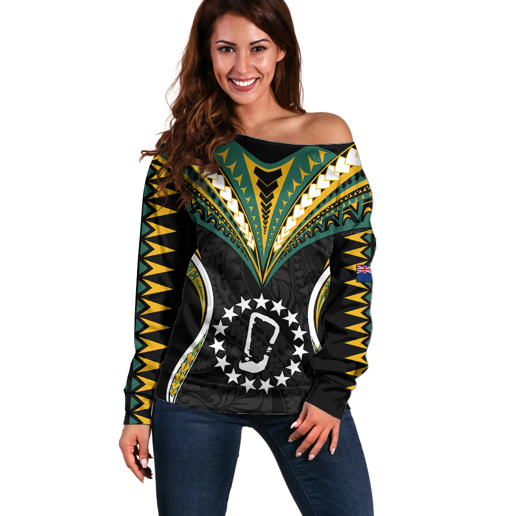 Polynesian Pride Rakahanga Island Off Shoulder Sweater Cook Islands Tribal Wave Style LT9 Women Black - Polynesian Pride