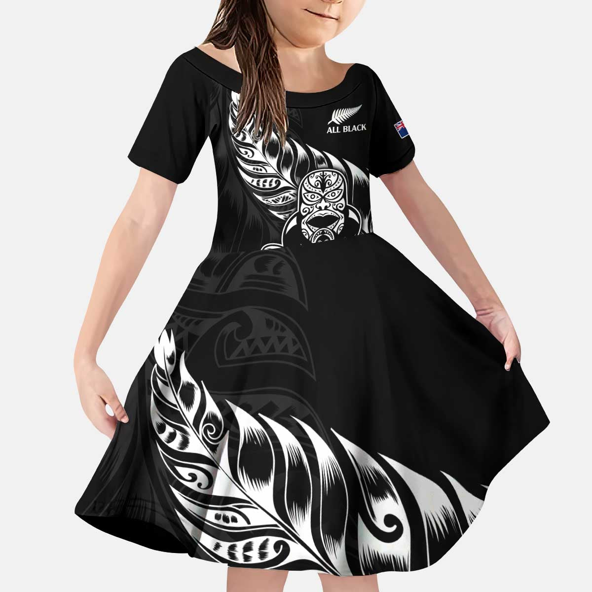 New Zealand Rugby Custom Kid Short Sleeve Dress Opango All Black Fern LT9 KID Black - Polynesian Pride