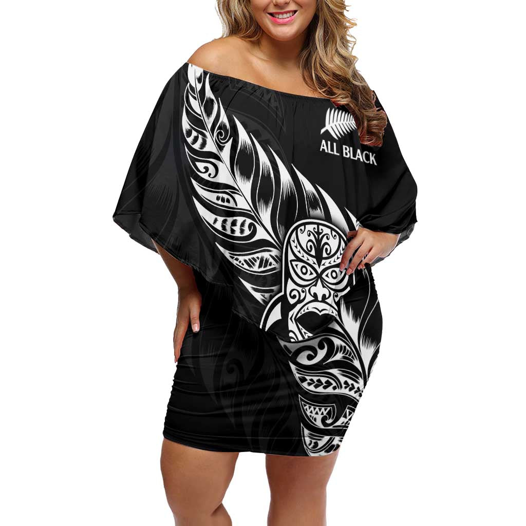 New Zealand Rugby Custom Off Shoulder Short Dress Opango All Black Fern LT9 Women Black - Polynesian Pride