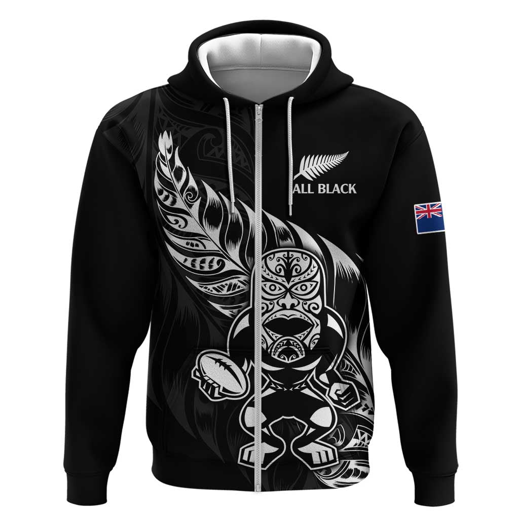 New Zealand Rugby Custom Zip Hoodie Opango All Black Fern LT9 Zip Hoodie Black - Polynesian Pride