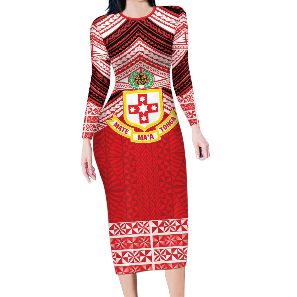 Personalised Kolisi Tonga College Atele Long Sleeve Bodycon Dress Polynesian Ngatu Tribal LT9 Long Dress Red - Polynesian Pride