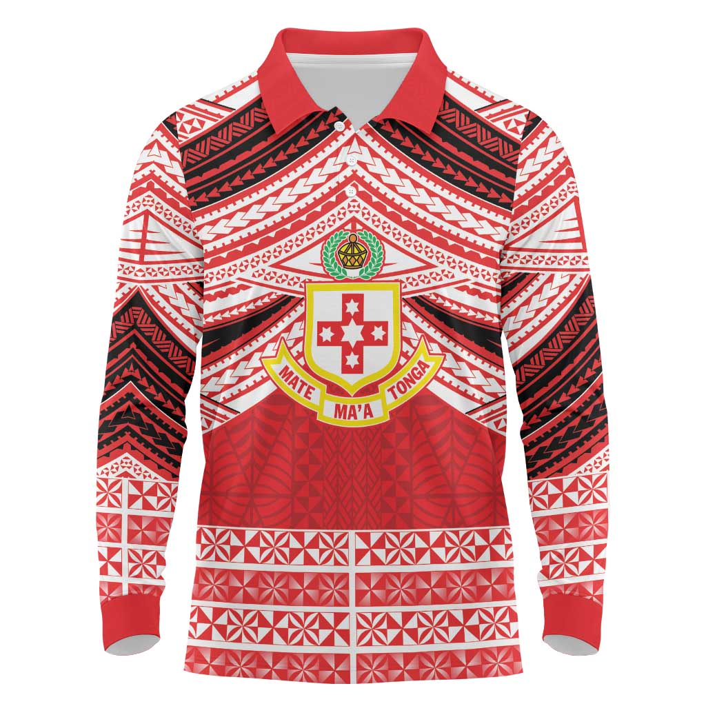Personalised Kolisi Tonga College Atele Long Sleeve Polo Shirt Polynesian Ngatu Tribal LT9 Red - Polynesian Pride