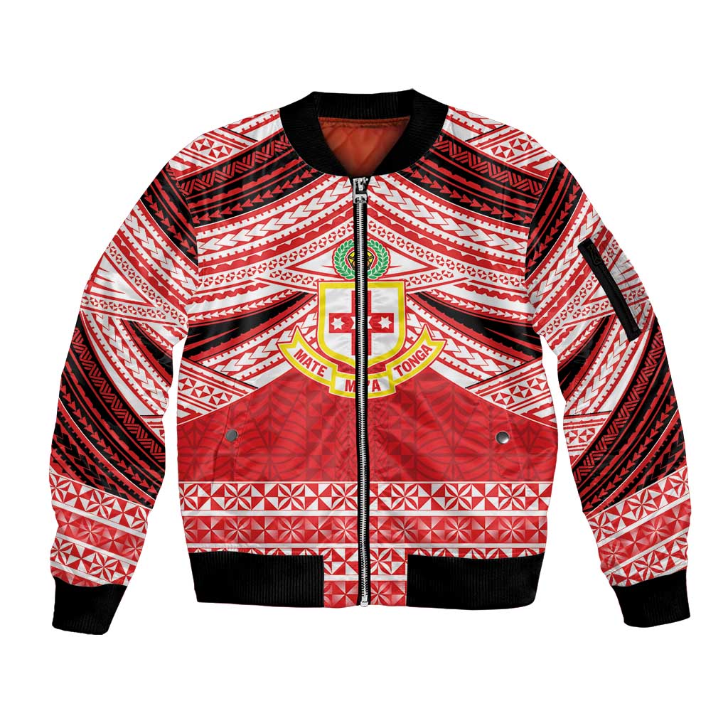 Personalised Kolisi Tonga College Atele Sleeve Zip Bomber Jacket Polynesian Ngatu Tribal LT9 Unisex Red - Polynesian Pride