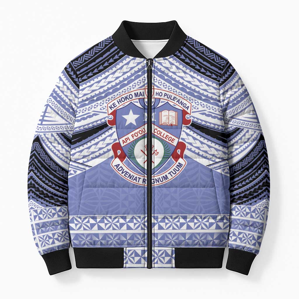 Personalised Tonga Apifoou College Bomber Puffer Jacket Polynesian Ngatu Tribal LT9 Unisex Blue - Polynesian Pride