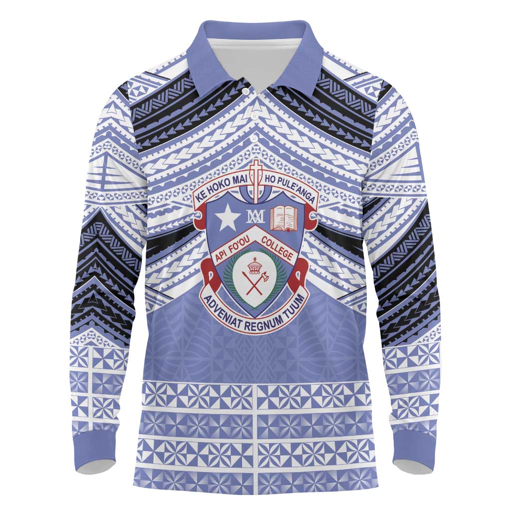 Personalised Tonga Apifoou College Long Sleeve Polo Shirt Polynesian Ngatu Tribal LT9 Blue - Polynesian Pride