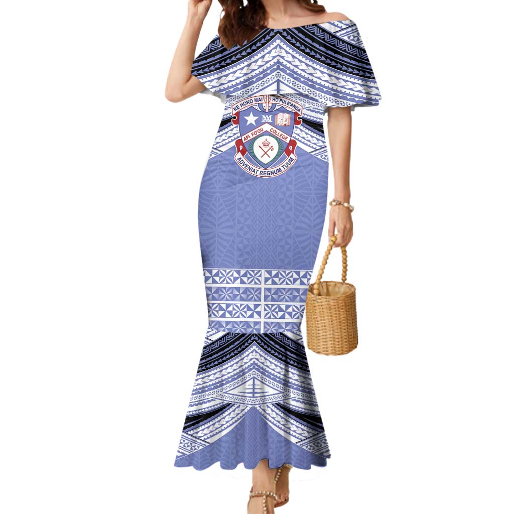 Personalised Tonga Apifoou College Mermaid Dress Polynesian Ngatu Tribal LT9 Women Blue - Polynesian Pride