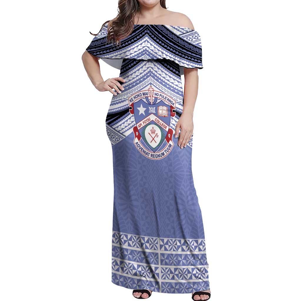 Personalised Tonga Apifoou College Off Shoulder Maxi Dress Polynesian Ngatu Tribal LT9 Women Blue - Polynesian Pride
