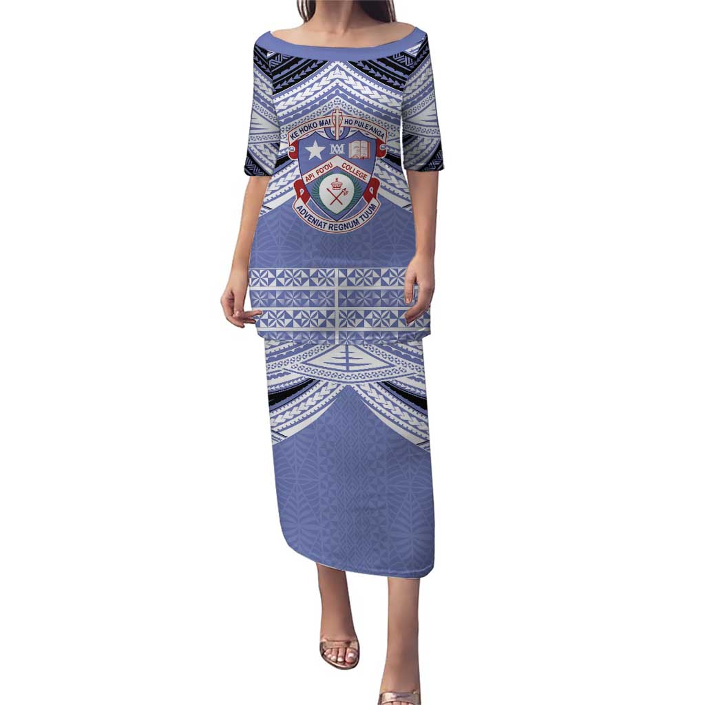 Personalised Tonga Apifoou College Puletasi Polynesian Ngatu Tribal LT9 Long Dress Blue - Polynesian Pride