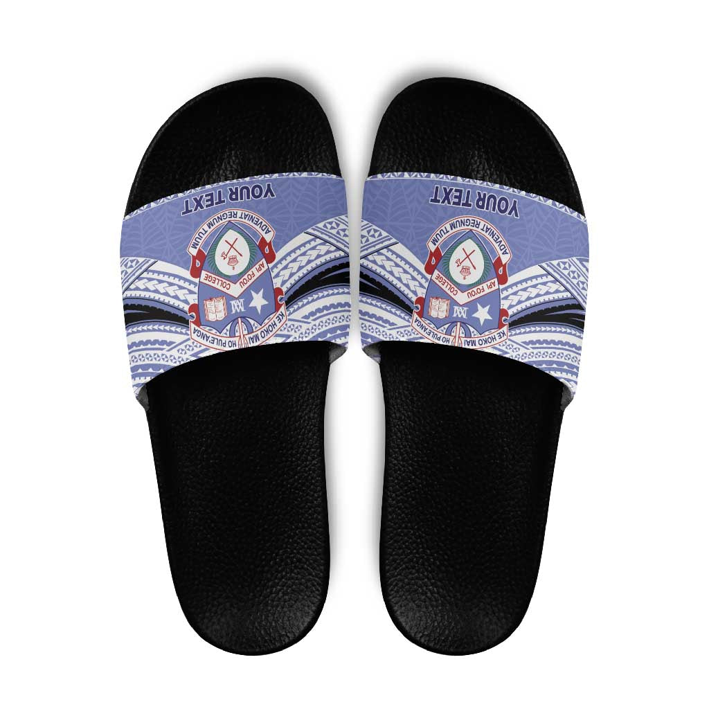 Personalised Tonga Apifoou College Slide Sandals Polynesian Ngatu Tribal LT9 Blue - Polynesian Pride
