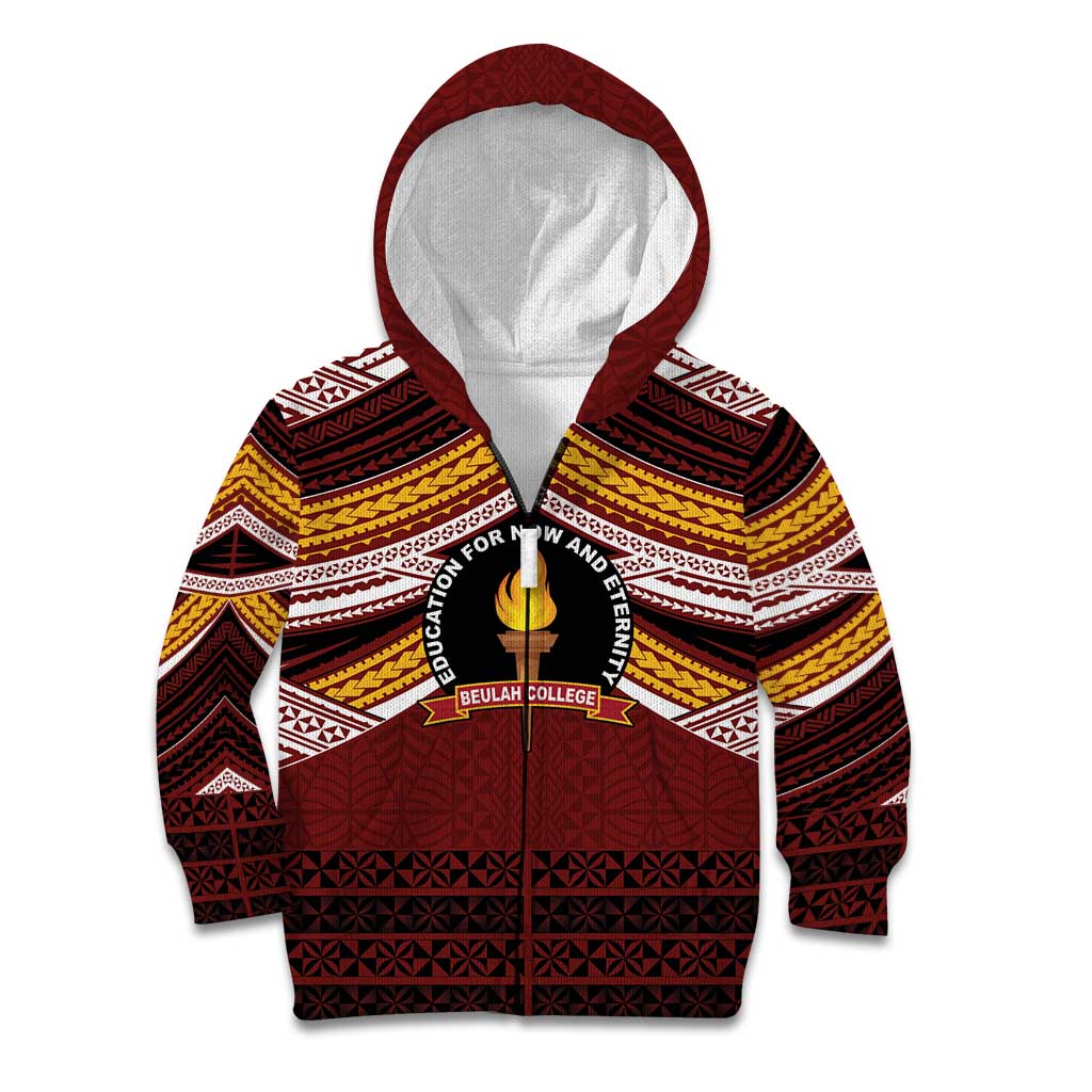 Personalised Tonga Beulah College Kid Hoodie Polynesian Ngatu Tribal LT9 Zip Hoodie Red - Polynesian Pride