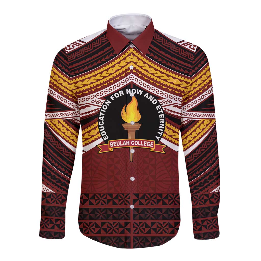 Personalised Tonga Beulah College Long Sleeve Button Shirt Polynesian Ngatu Tribal LT9 Unisex Red - Polynesian Pride