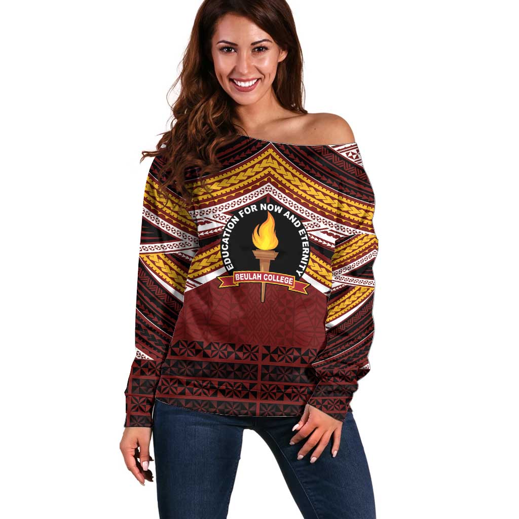 Personalised Tonga Beulah College Off Shoulder Sweater Polynesian Ngatu Tribal LT9 Women Red - Polynesian Pride