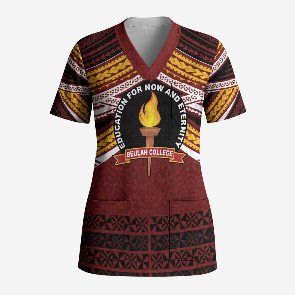 Personalised Tonga Beulah College Scrub Top Polynesian Ngatu Tribal LT9 Adult Red - Polynesian Pride