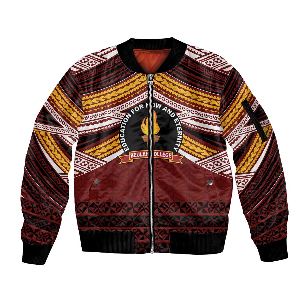 Personalised Tonga Beulah College Sleeve Zip Bomber Jacket Polynesian Ngatu Tribal LT9 Unisex Red - Polynesian Pride