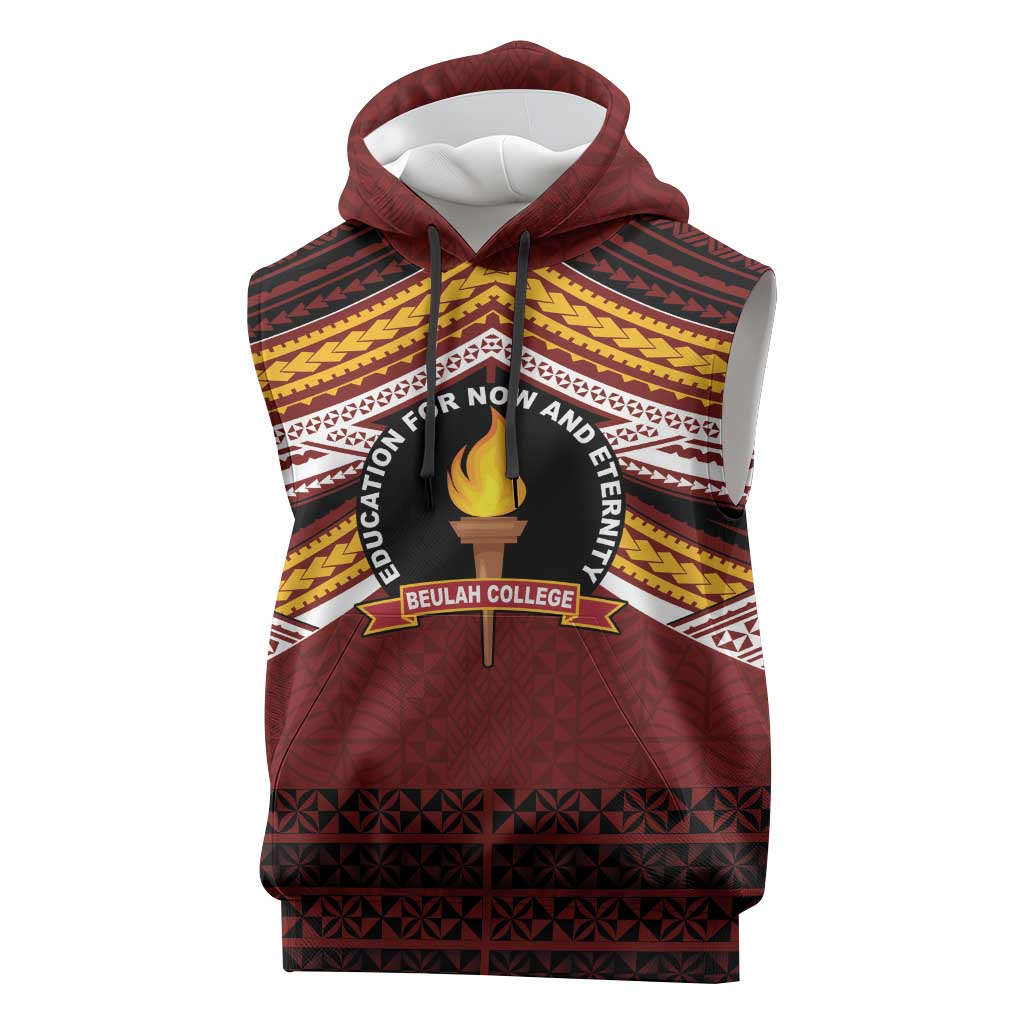 Personalised Tonga Beulah College Sleeveless Hoodie Polynesian Ngatu Tribal LT9 Red - Polynesian Pride