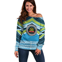 Personalised Tonga Lavengamalie College Off Shoulder Sweater Polynesian Ngatu Tribal LT9 Women Blue - Polynesian Pride