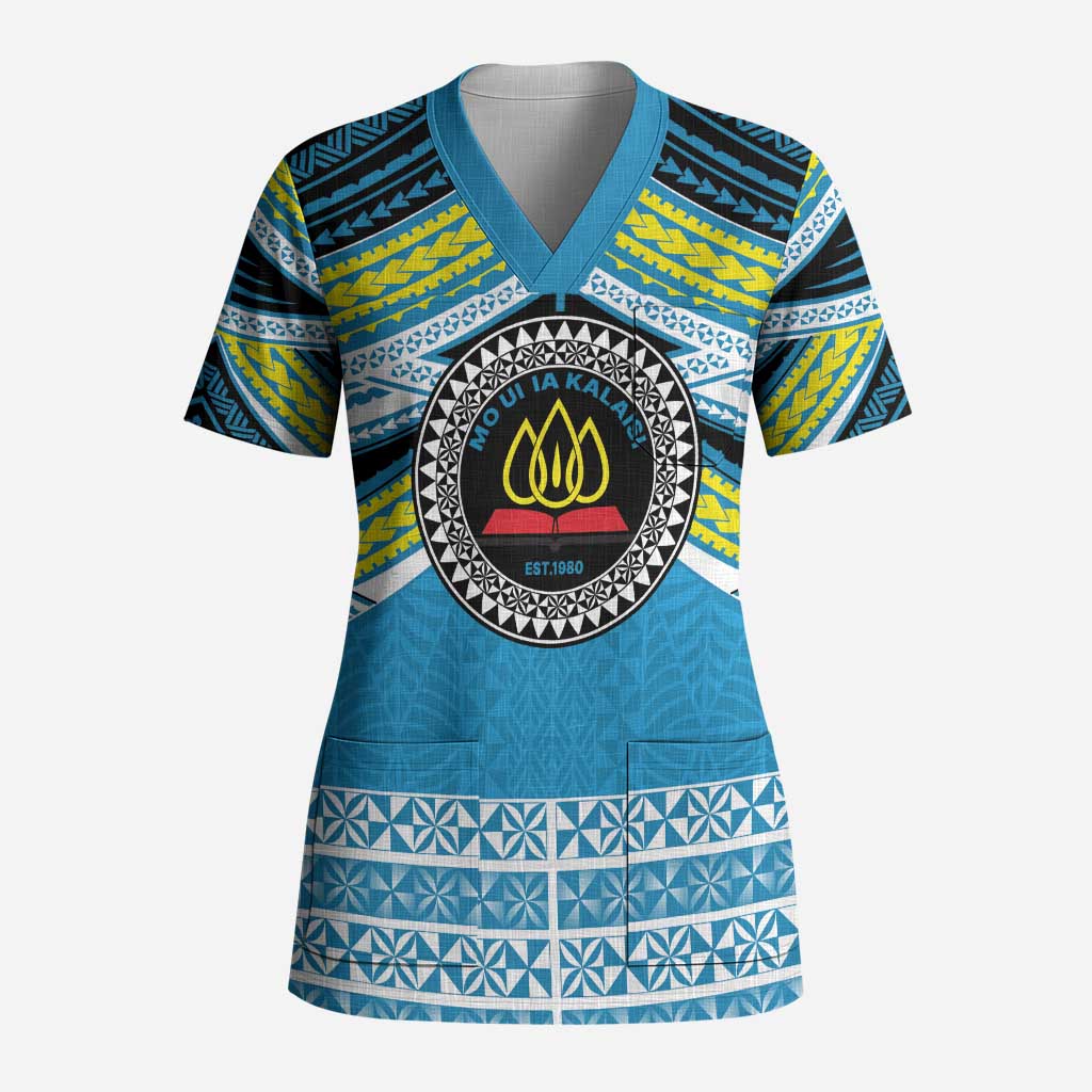 Personalised Tonga Lavengamalie College Scrub Top Polynesian Ngatu Tribal LT9 Adult Blue - Polynesian Pride
