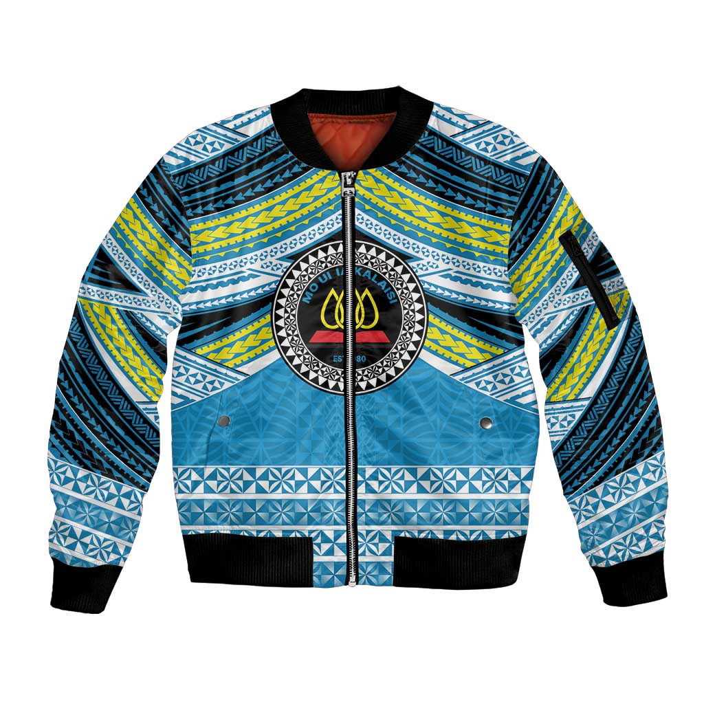 Personalised Tonga Lavengamalie College Sleeve Zip Bomber Jacket Polynesian Ngatu Tribal LT9 Unisex Blue - Polynesian Pride