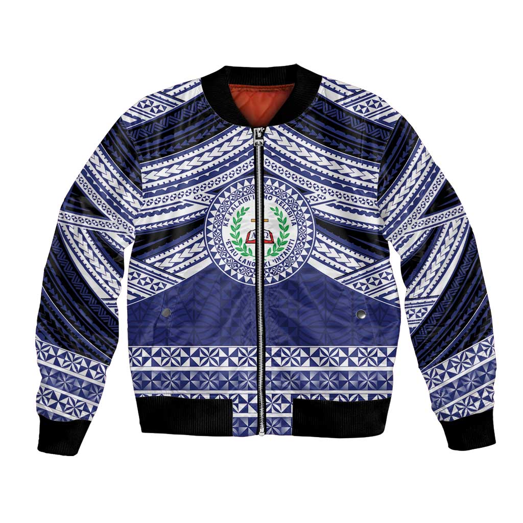 Personalised Tonga Sia'atoutai Theological College Bomber Jacket Polynesian Ngatu Tribal LT9 Unisex Blue - Polynesian Pride