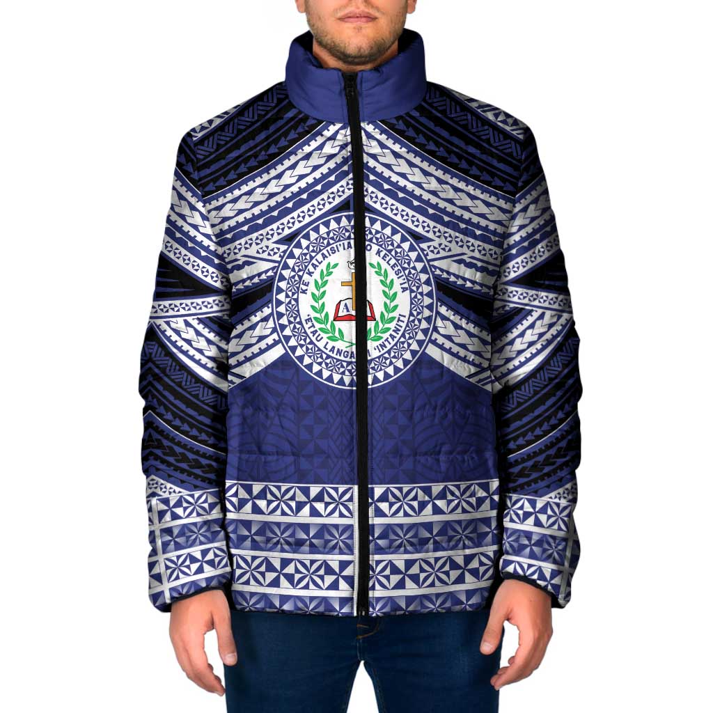 Personalised Tonga Sia'atoutai Theological College Padded Jacket Polynesian Ngatu Tribal LT9 Men Blue - Polynesian Pride