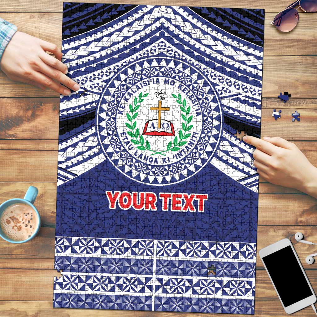 Personalised Tonga Sia'atoutai Theological College Puzzle Polynesian Ngatu Tribal LT9 Blue - Polynesian Pride